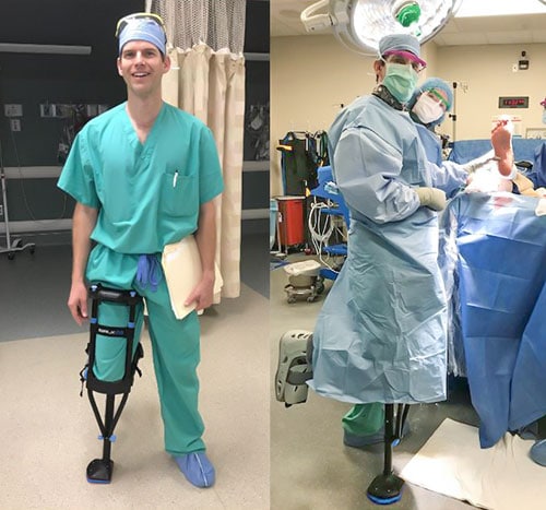 Lifestyle image of a doctor  wearing the iWALK hands-free crutch while in surgery with patient and medical team iWALKFree