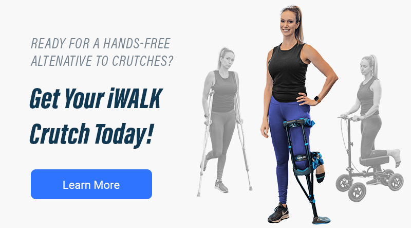 iWALKFree - Woman standing tall using the iWALK hands-free crutch, surrounded by painful moments of her using crutches and knee scooters 