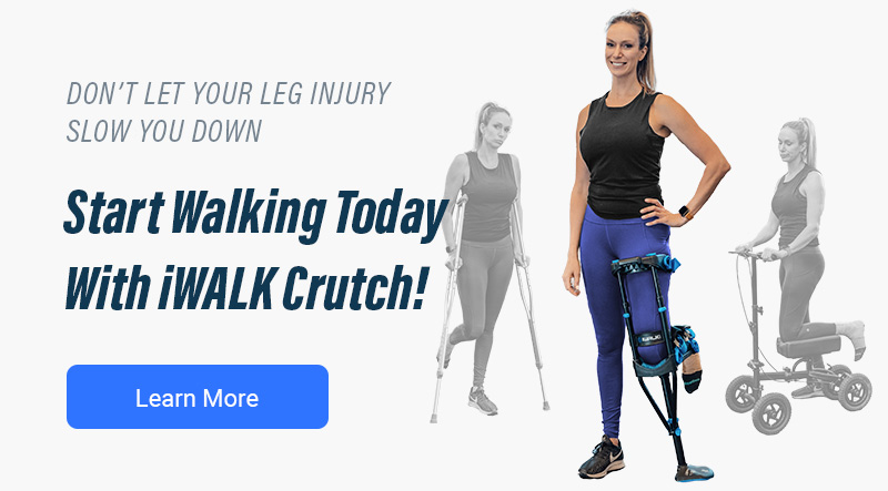 Woman standing tall using the iWALK hands-free crutch, surrounded by painful moments of her using crutches and knee scooters - iWALKFree