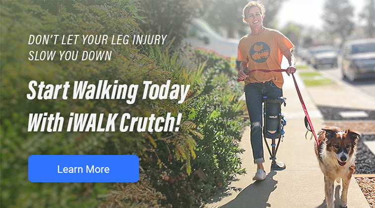 Text that says "Experience the difference today with iWALK Crutch. Image of person using the iWALK crutch