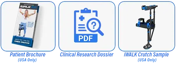 Icons of patient brochure, research dossier, and sample crutch 