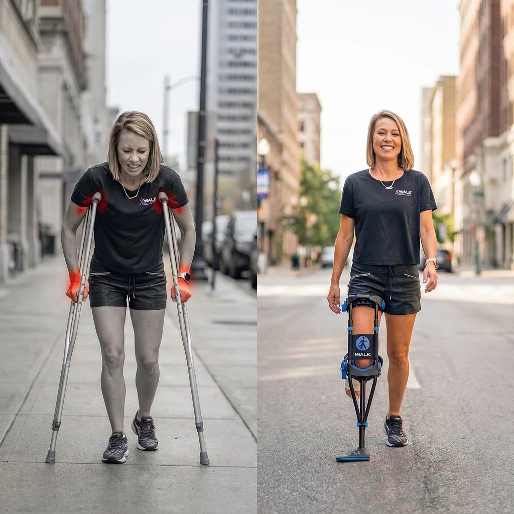 Side by side comparison crutch struggle vs iWALK success